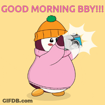 A Penguin In A Pink Sweater Is Taking A Picture With The Words Good Morning Bby GIF