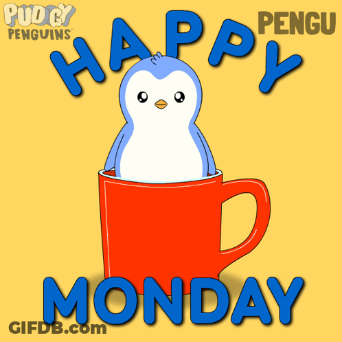 A Penguin In A Red Cup With The Words Happy Monday GIF