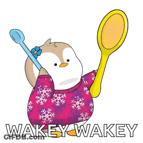 A Penguin In A Snowflake Sweater Is Holding A Mirror And Spoon GIF