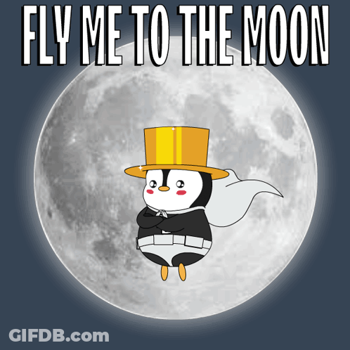 A Penguin In A Top Hat Is Flying In Front Of A Full Moon With The Words Fly Me To The Moon Above It GIF