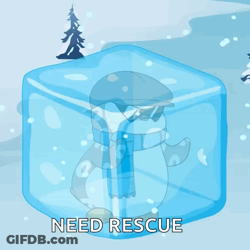 A Penguin In An Ice Cube With The Words Need Rescue GIF