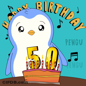 A Penguin Is Blowing Out Candles On A Birthday Cake With The Number 50 On It GIF