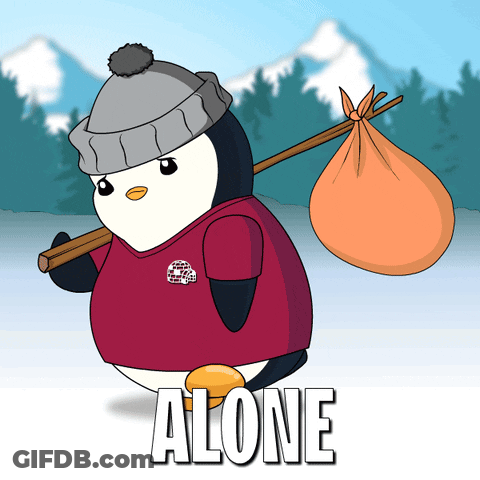 A Penguin Is Carrying A Bag With The Word Alone Written On It GIF