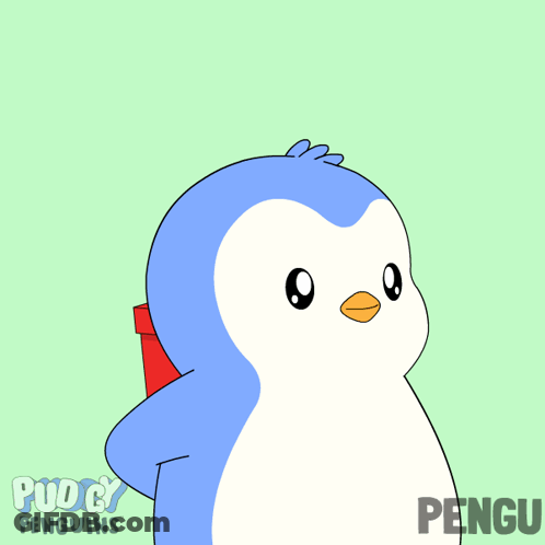 A Penguin Is Carrying A Gift Box With The Words Pudding Penguins On The Bottom Right GIF