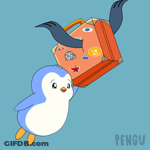 A Penguin Is Carrying A Suitcase With A Sticker That Says I Love Ny GIF