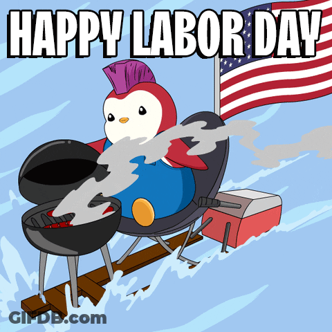 A Penguin Is Cooking On A Grill With The Words Happy Labor Day Below It GIF