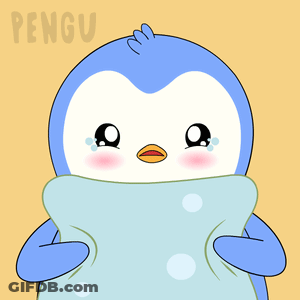 A Penguin Is Crying And Holding A Blue Pillow With The Word Pengu On The Bottom GIF