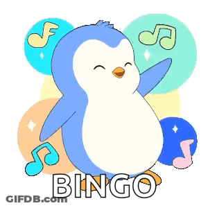 A Penguin Is Dancing In Front Of Music Notes And The Word Bingo Is Below It . GIF