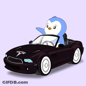 A Penguin Is Driving A Black Car With The Letter T On The Front GIF