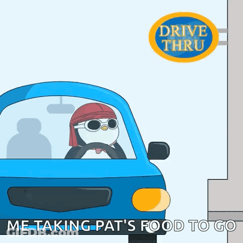 A Penguin Is Driving A Blue Car With A Drive Thru Sign Behind Him GIF