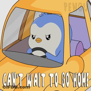 A Penguin Is Driving A Car With The Words " Can 'T Wait To Go Home " On The Bottom GIF