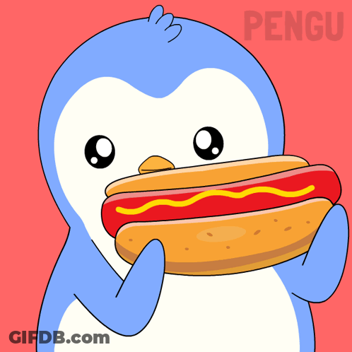 A Penguin Is Eating A Hot Dog With The Word Pengu On The Bottom Right GIF