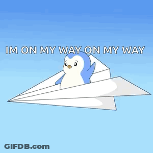 A Penguin Is Flying On A Paper Airplane With The Words " Im On My Way On My Way " GIF