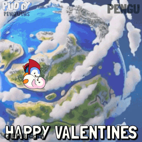 A Penguin Is Flying Over A Map With The Words Happy Valentines GIF