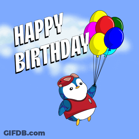 A Penguin Is Flying Through The Air Holding Balloons With The Words Happy Birthday Above Him GIF