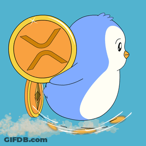 A Penguin Is Flying Through The Air Next To A Coin With A B On It GIF