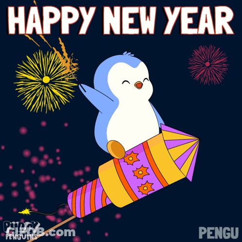 A Penguin Is Flying Through The Air On A Rocket With Fireworks Behind It And The Words Happy New Year GIF