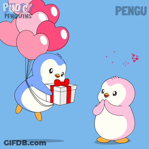 A Penguin Is Giving A Gift To Another Penguin While Holding A Bunch Of Balloons GIF
