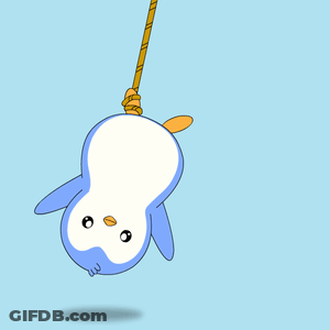 A Penguin Is Hanging Upside Down From A Yellow Rope GIF