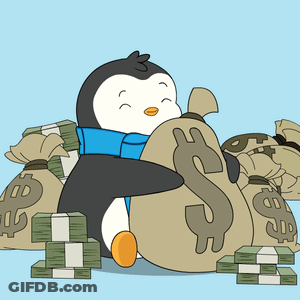 A Penguin Is Holding A Bag Of Money With The Letter S On It GIF