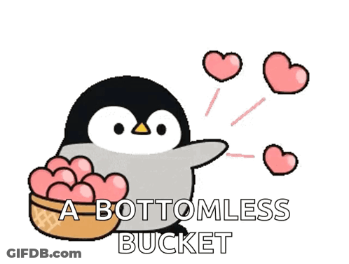 A Penguin Is Holding A Basket Of Hearts With The Words A Bottomless Bucket Below It GIF