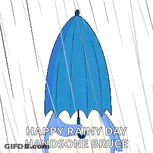 A Penguin Is Holding A Blue Umbrella In The Rain . GIF
