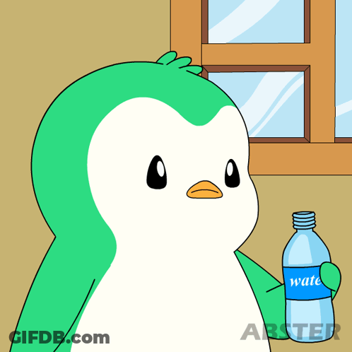 A Penguin Is Holding A Bottle Of Water With The Word Water On It GIF