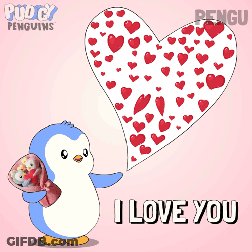 A Penguin Is Holding A Bouquet Of Flowers In Front Of A Crescent Moon Filled With Hearts GIF