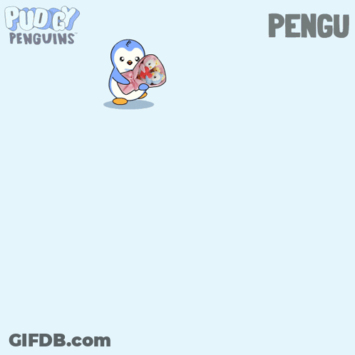 A Penguin Is Holding A Bouquet Of Stuffed Penguins And The Name Pengu Is On The Bottom Right GIF