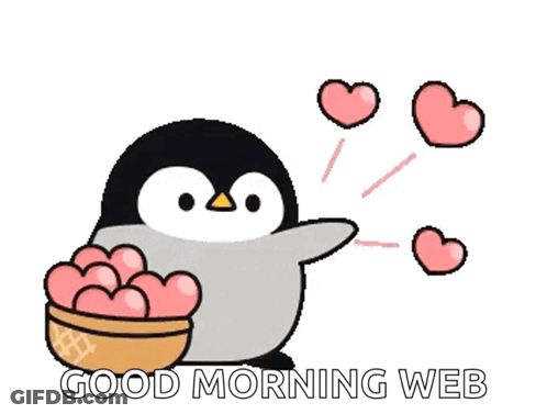 A Penguin Is Holding A Bowl Of Hearts With The Words Good Morning Web Below It GIF