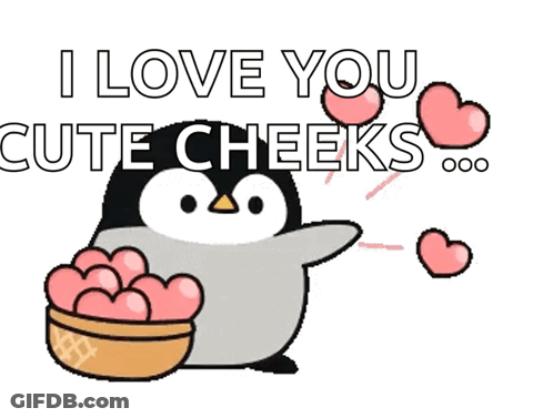 A Penguin Is Holding A Bowl Of Pink Hearts And Says I Love You Cute Cheeks GIF
