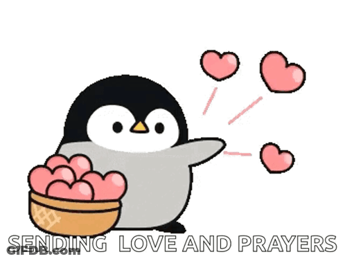 A Penguin Is Holding A Bowl Of Pink Hearts And Sending Love And Prayers GIF