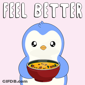 A Penguin Is Holding A Bowl Of Soup With The Words Feel Better Written Above It GIF