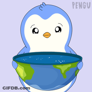 A Penguin Is Holding A Bowl Of Water With The Word Pengu Written On The Bottom GIF
