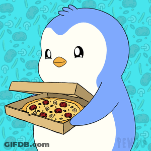 A Penguin Is Holding A Box Of Pizza With Pepperoni GIF