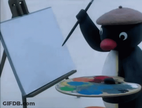 A Penguin Is Holding A Brush In Front Of A White Board GIF