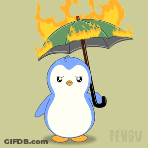 A Penguin Is Holding A Burning Umbrella And The Word Pengu Is On The Bottom GIF