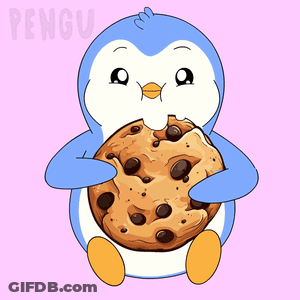 A Penguin Is Holding A Chocolate Chip Cookie With The Word Pengu On The Bottom GIF