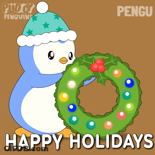 A Penguin Is Holding A Christmas Wreath With The Words Happy Holidays Below It GIF