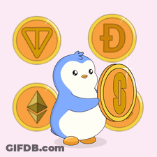 A Penguin Is Holding A Coin With A S On It GIF