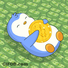 A Penguin Is Holding A Coin With The Letter B On It In Front Of A Pile Of Money GIF