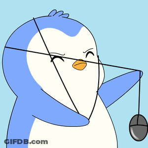 A Penguin Is Holding A Computer Mouse With A String Around His Neck GIF