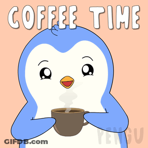 A Penguin Is Holding A Cup Of Coffee And The Words Coffee Time Are Above It GIF