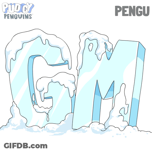 A Penguin Is Holding A Cup Of Coffee In Front Of A Giant Letter M GIF
