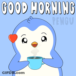 A Penguin Is Holding A Cup Of Coffee With The Words Good Morning Written Above It GIF
