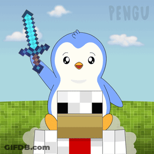 A Penguin Is Holding A Diamond Sword While Sitting On A Chicken GIF