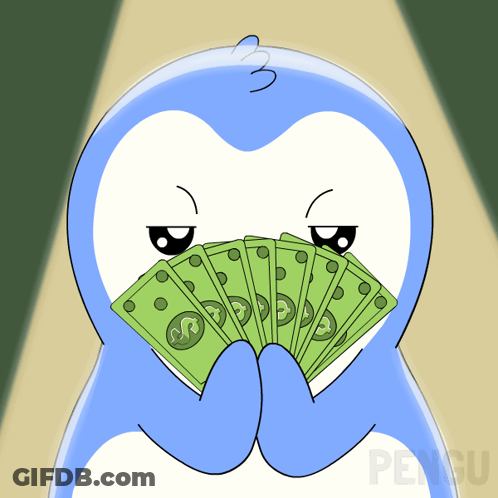 A Penguin Is Holding A Fan Of Money In Front Of His Face GIF