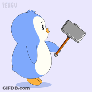 A Penguin Is Holding A Hammer And A Pencil And The Word Pengu Is On The Bottom Right GIF