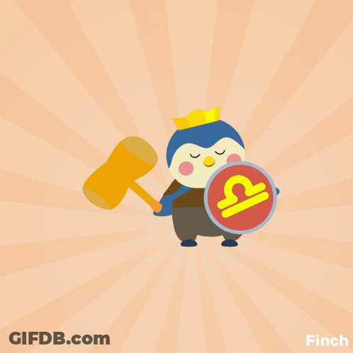 A Penguin Is Holding A Hammer And A Shield With A Libra Sign GIF