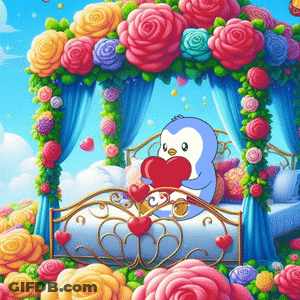 A Penguin Is Holding A Heart In A Bed With Roses GIF